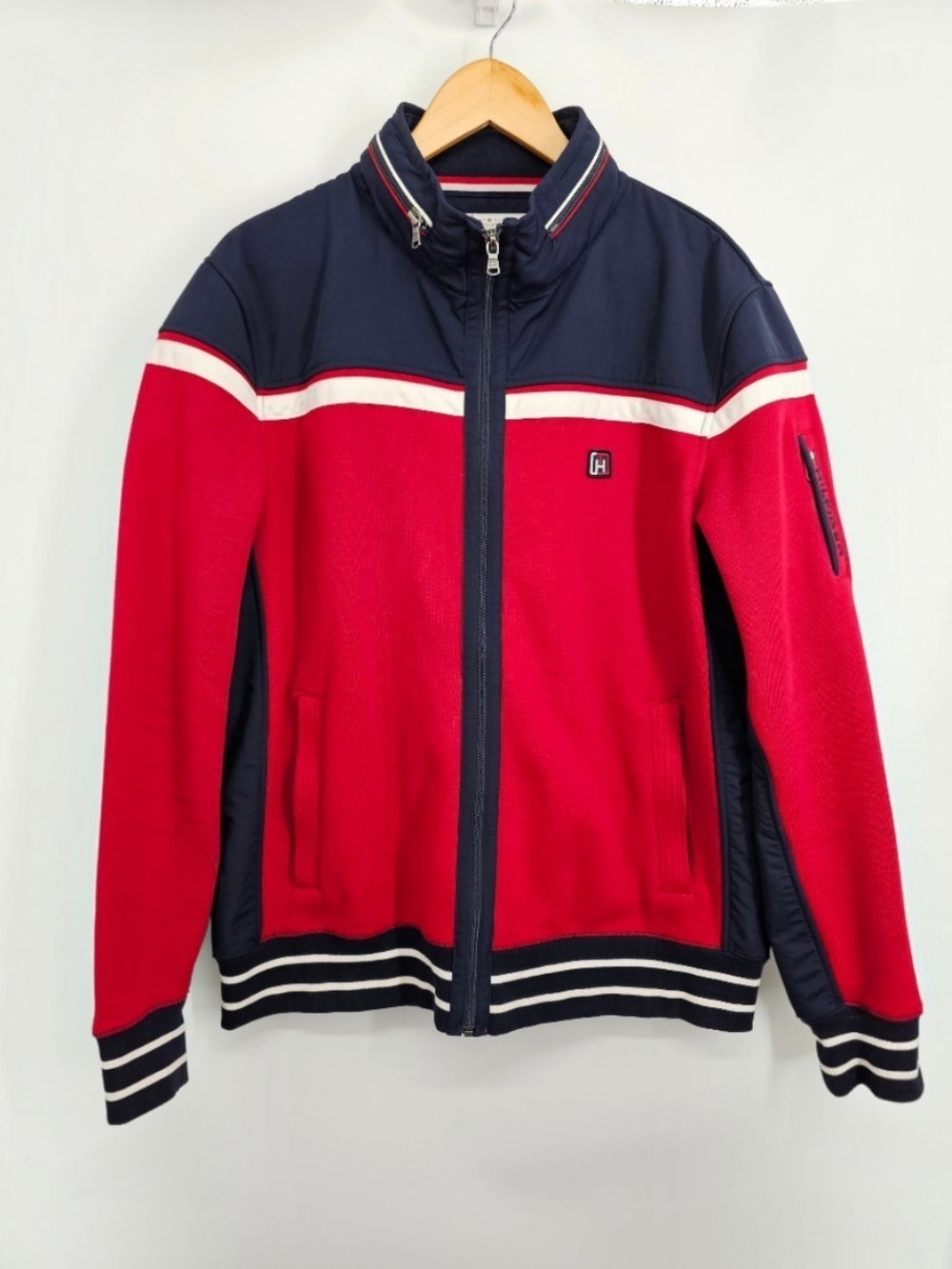 Tommy Hilfiger Athlete Full Zip Hooded Track Jacket Men's L Red Navy Colorblock